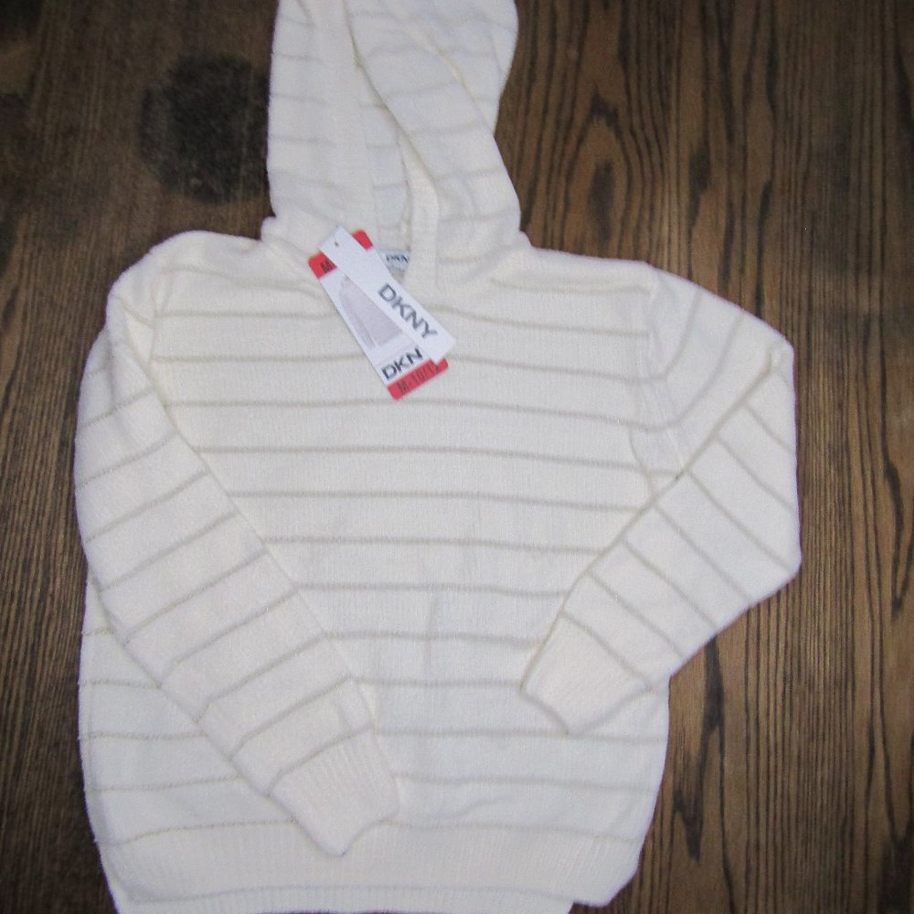 DKNY girls ivory hooded chenille sweater size medium 10-12